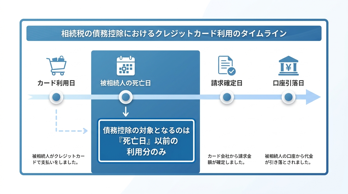 クレジットカードの未払金が相続税の債務控除の対象になるかを判断するタイムラインの図解。利用日、死亡日、請求確定日、引落日の関係性を示し、死亡日以前の利用分のみが対象となることを解説している。