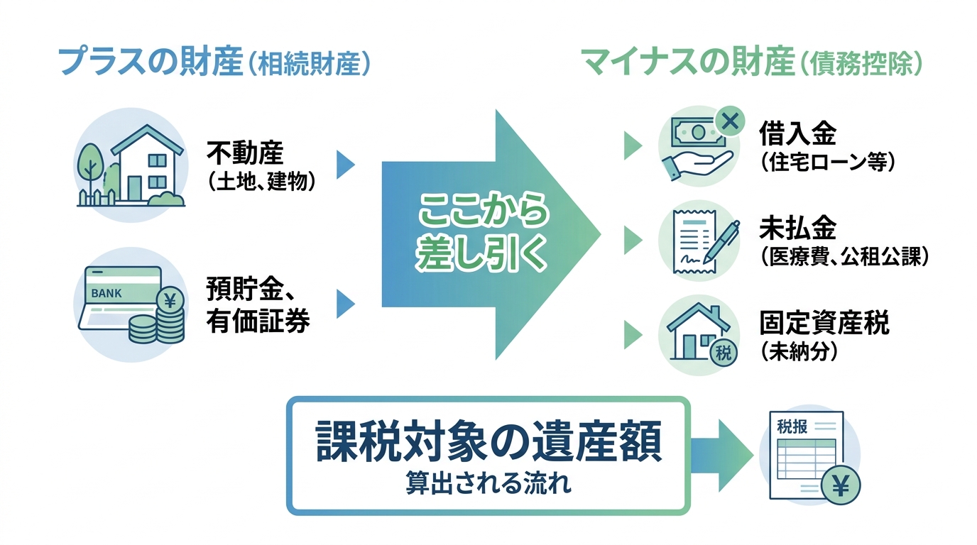相続税の債務控除の仕組みを図解。プラスの財産から固定資産税などのマイナスの財産を差し引いて課税遺産額が計算される流れ。