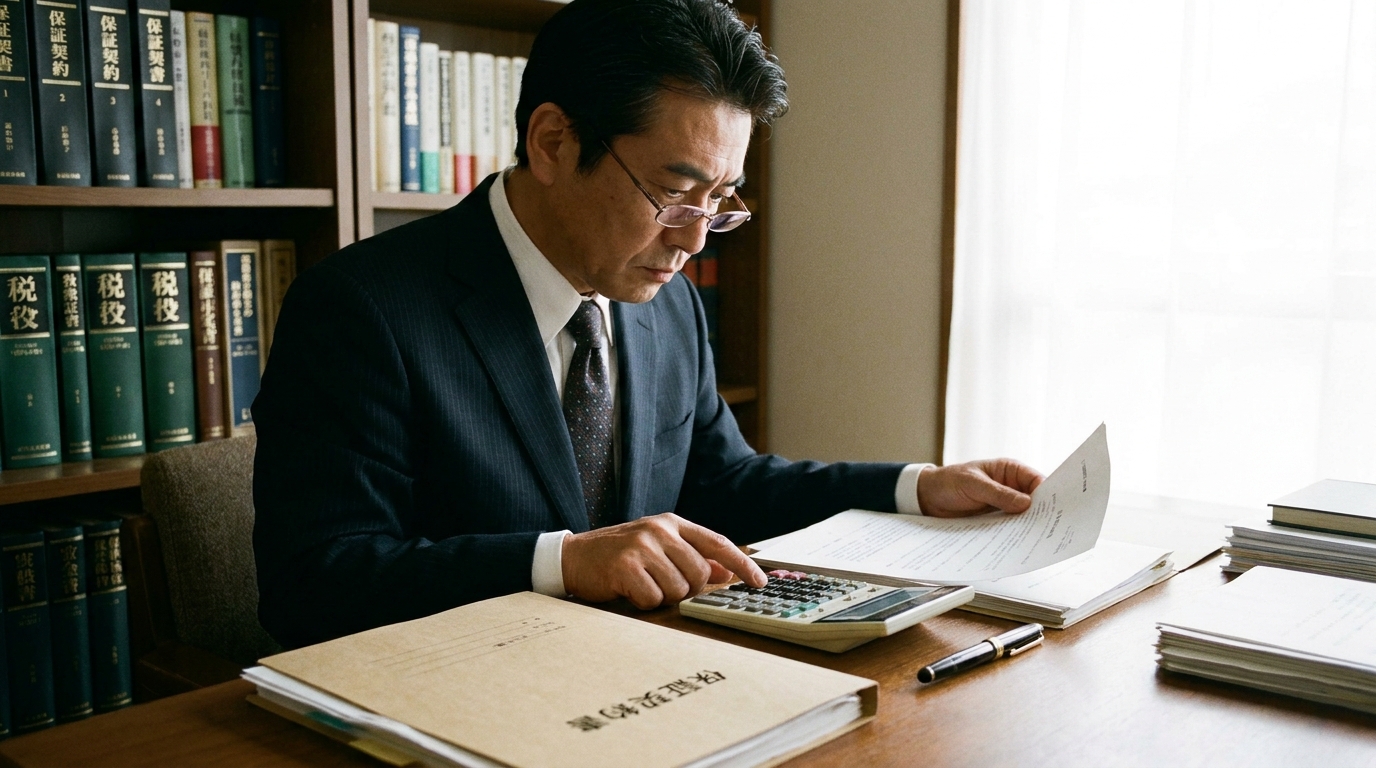 連帯保証債務の書類を確認しながら、電卓を使って計算する男性。相続税の債務控除について真剣に検討している様子。