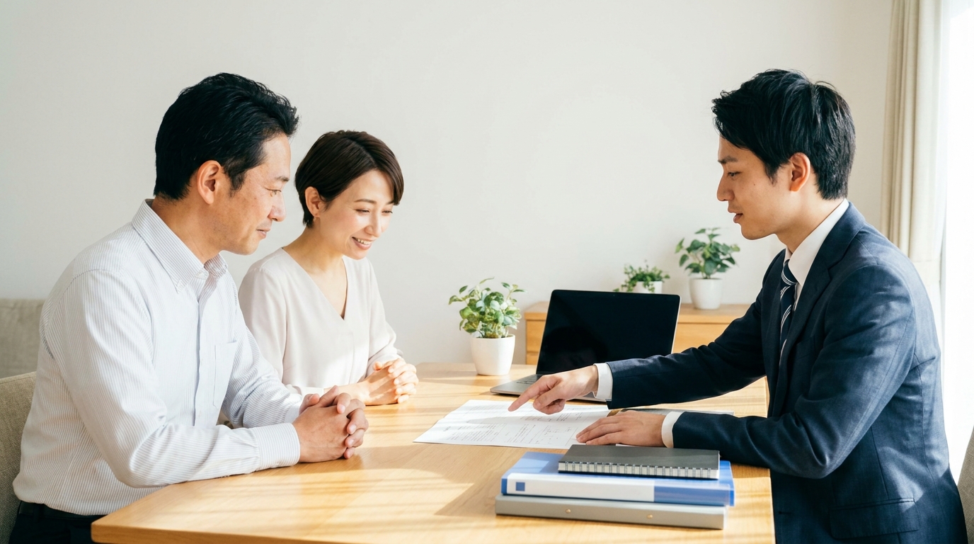 税理士事務所で連帯保証債務の相続について相談する夫婦。専門家のアドバイスを受け、少し安心した表情を浮かべている。