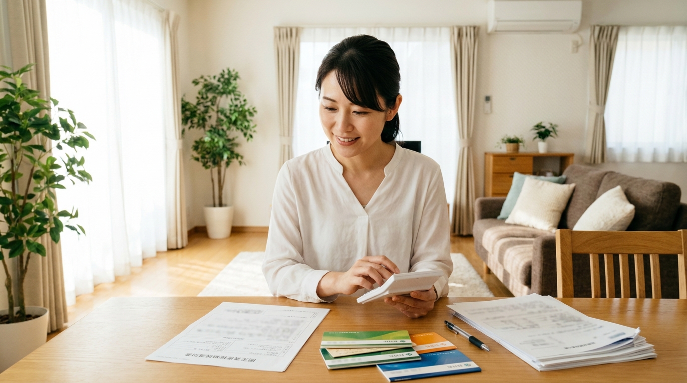 相続税の債務控除を計算するために、固定資産税の納税通知書や通帳を確認している女性。